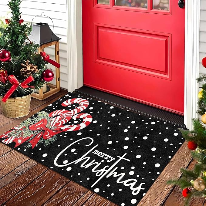 Christmas Door Mat Entrance Decoration Christmas Candy Cane Welcome Mat Black Door Front Porch Rug for Outside Front Porch Entryway Decor, 18" x 30"Inch