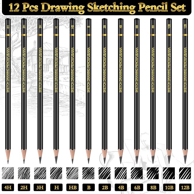 12 Pcs Drawing Sketching Pencil Set Professional (12b - 4h) Graphite Charcoal Gift Bulk for Artists Beginners, Pro Artists, Drawing Art, Sketching