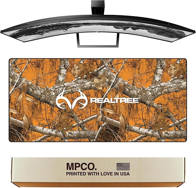 MPCO. Real Tree Large Gaming Desk Pad - 36" x 17" Aeroglyde Fabric Edge Orange – with Logo Desk Mats - Non-Slip, Washable, Smooth Glide for Precision Gaming & Work