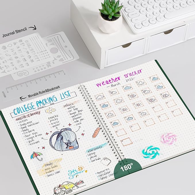 AHGXG Bullet Dotted Journal - Dot Grid Spiral Notebook 8.5" x 11", A4 Large Dotted Notebook, 100 GSM Thick Paper, Waterproof Plastic Cover Journals for Bullet Journaling, Sketching, Green