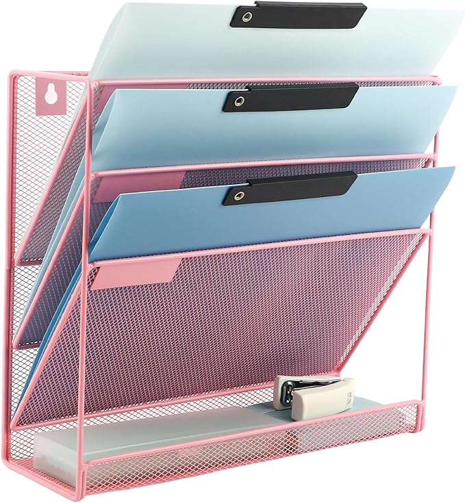 EASEPRES Desk File Organizer Mesh 4-Tier, Hanging Wall Mount Document Organization Stand, Desktop Vertical Mail Paper Folder Holder Rack with Bottom Tray for Office Home Cubicle Countertop, Pink