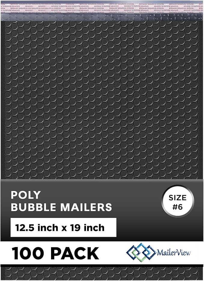 Black 12.5x19.5 Inch Large Poly Bubble Mailers #6 | Padded Envelopes with Self Seal | Air Lined Cushioned Bubble Mailer | Usable Size 12.5x15 | 100 Pack Bulk | Lightweight shipping Bags