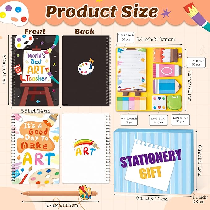 B1ykin Stationery Gift Set - 3Pcs Notebook Sticky Notes, A5 Spiral Notebooks & 550 Sheets Cute Sticky Notes with Pens Kit for Office School Teacher Thanksgiving Supplies (Art Teacher)