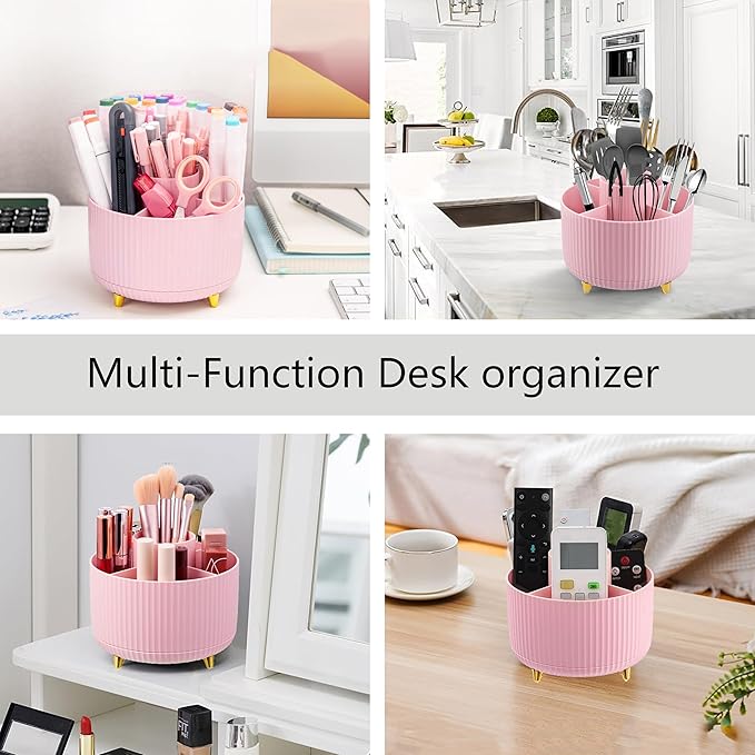 Pink Desk Accessories, Pink Office Supplies 360°Pen Holder Desk Organizers and Accessories with Tape Dispenser, Stapler, Staple Remover, 1000 Staples, Tape, Clips Set, Ruler, Scissor, Pen