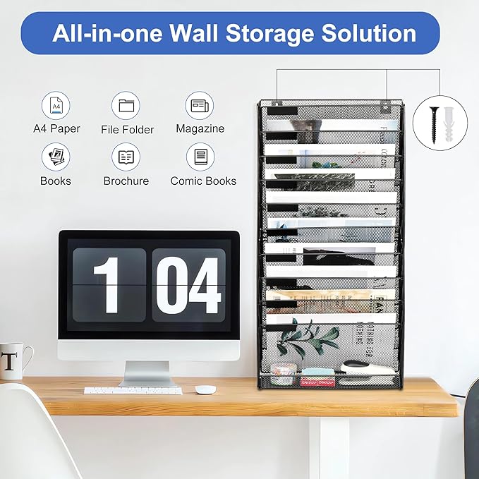 EasyPAG 11 Tier Wall File Holder with Flat Tray, Black | Easy Assemble Mesh Desk File Organizer | 10-Folder Paper Storage | Replaceable Classify Labels | Space Saving Mail Organizer for Office Home