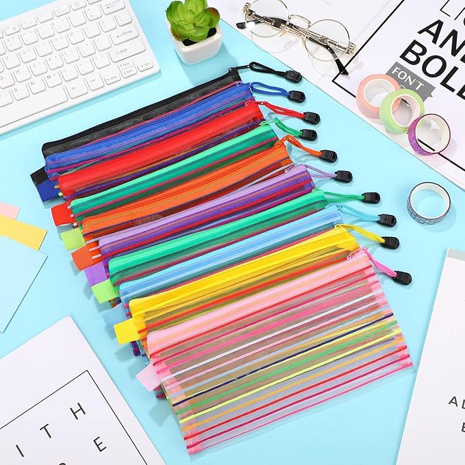 Fainne 120 Pack Mesh Pencil Pouch Mesh Zipper Pouch 9" x 4.7" Pencil Case Bulk Multipurpose Cosmetics Toiletry Small Bag for Office Travel(Multicolored Stripes Colors)