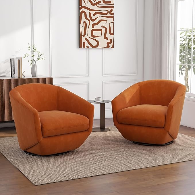 UIXE 360° Swivel Barrel Accent Chair, Velvet Upholstered Club Armchair for Living Room, Modern Round Arm Chair Single Sofa Bedroom Reading Seating (Orange)