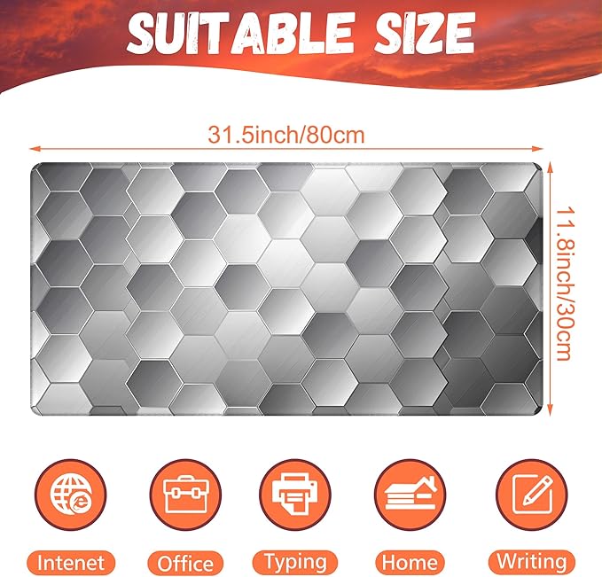 Large Gaming Mouse Pad for Desk, Silver Technology Honeycomb Desk Mat, Sci-Fi Honeycomb Desk Pad, 31.5"x15.7" Extended Big Computer Keyboard Mouse Pad with Non-Slip Base and Stitched Edge