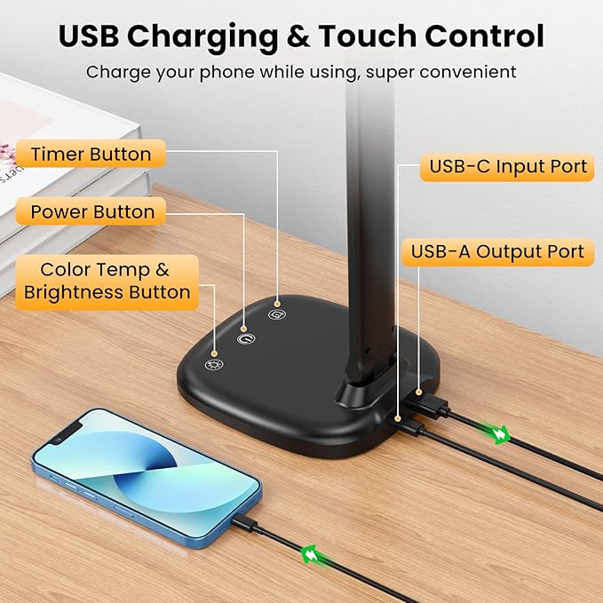 LED Desk Lamp with USB Charging Port, Stepless Dimmable Study Lamp with 5 Color Modes, Touch Control, Timer, Foldable Desk Lights for Home, Office, Bedroom