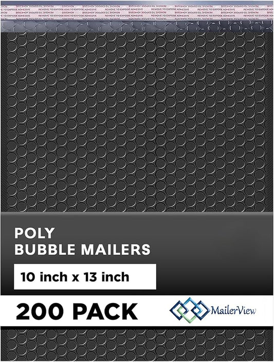 Black 10x13 Inch Poly Bubble Mailers |Self Seal Padded Envelopes for Thick books | Air Cushioned Bubble Mailer | Usable Size 9.5x13 Inch | Waterproof Lightweight Mailing Shipping Bags | 200 Pack Bulk