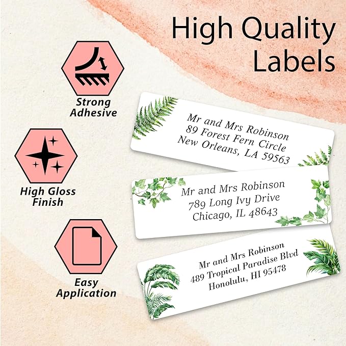 Personalized Return Address Labels Greenery - High Gloss Custom Mailing Labels on Sheets - Self-Adhesive Return Stickers for Envelopes with Crisp Printing Design (50-1000)