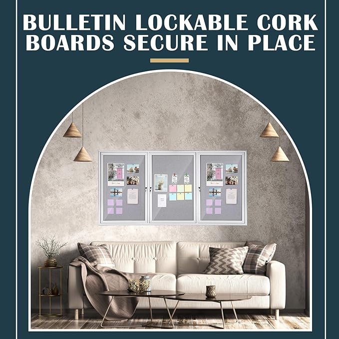 72" x 36" Enclosed Bulletin Board Outdoor 3 Door Weatherproof Tamper-Proof Enclosed Cork Board with Lock Aluminum Frame Display Case for Back to School, Office Commercial, 18xA4(Gray)