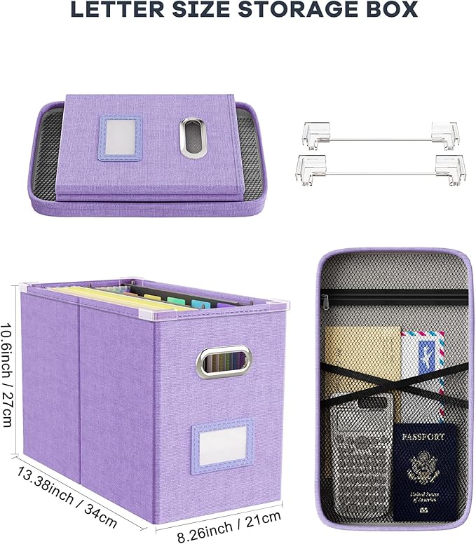 Oterri File Organizer Box with Lid, Hanging Filing File Box with Mesh Pocket, Document Organizer Box for Letter Files, Portable Storage Box with Smooth Sliding Rail for Office&Home (1 PCS, Lavender)