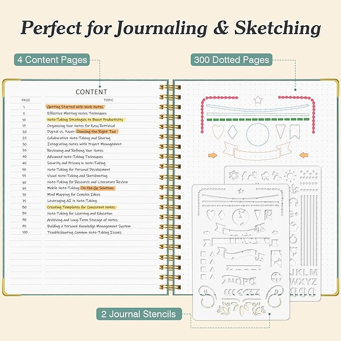 Bullet Dotted Journal Spiral Notebook, 300 Pages Leather Notebooks with Contens, 120 GSM Thick No Bleed Through Paper Journals, A5 Dot Grid Notebook for Women Men Work Writing, 5.5" x 8", Light Blue