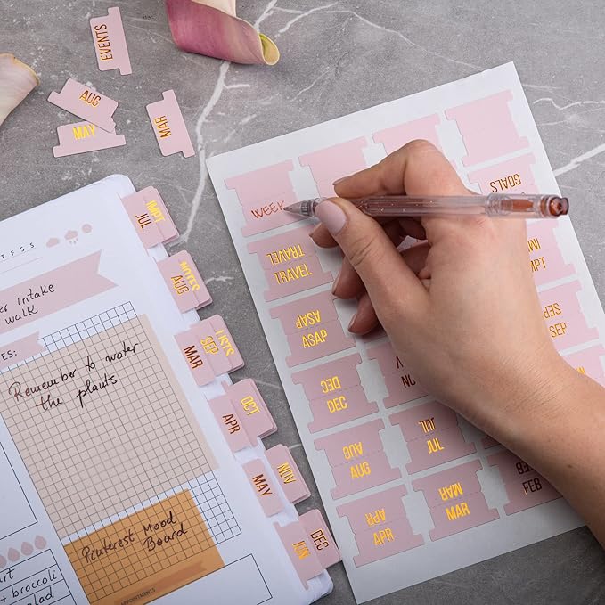 DiverseBee Gold Foil Planner 24 Peel and Stick Laminated Tabs for Notebooks, Calendar Tab Stickers and Monthly Dividers (Seasalt)