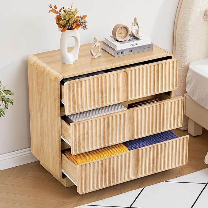 Fluted 3 Drawer Dressers for Bedroom, 31.5" Wide Large Mid Century Modern Nightstand 2 Sets W/3 Storage Drawers , Wood Dresser & Chest of Drawers with Curved Profile for Living Room (Natural)