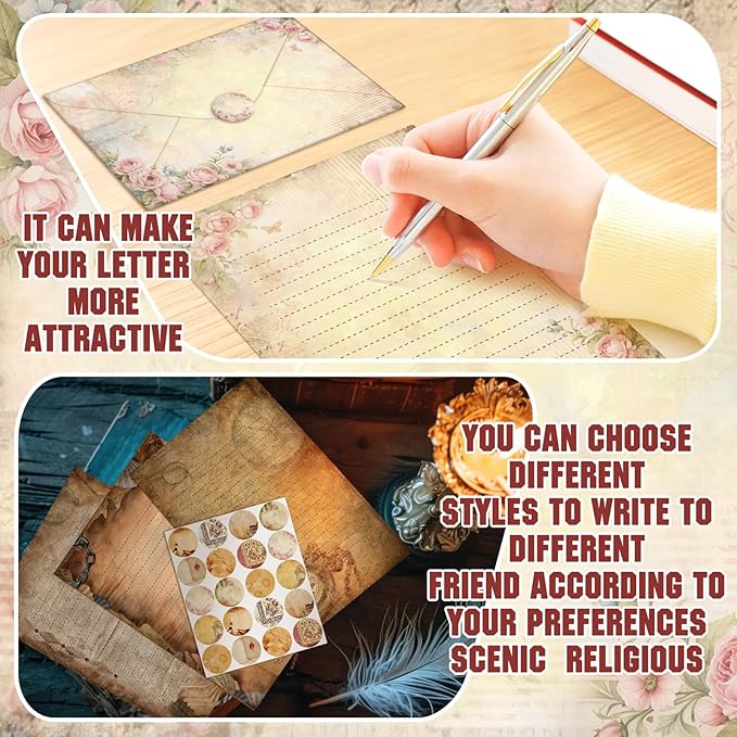 TaoBary 160 Pcs Stationery Paper Set 50 Double Sided Stationery Papers with 50 Matching Envelopes and 60 Round Dot Sticker, 10 Design(Lace Edged Scrapbook,5.5 x 8.25 Inch)