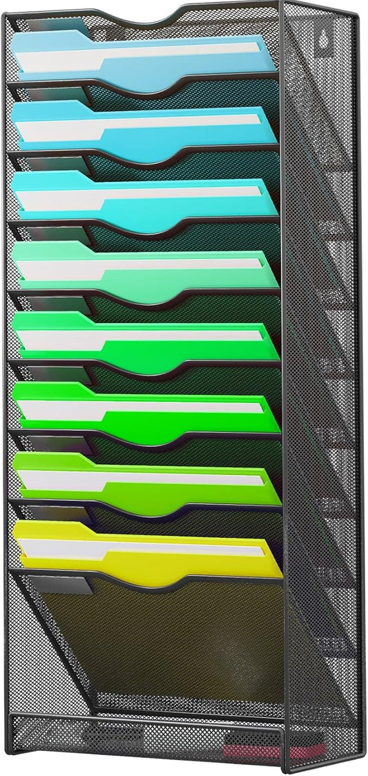 10-Tier Hanging Wall File Organizer Wall Mounted File Holder Document Wall Organizer for Office Organization and School Storage (No Assembly Required) (10 Tier Black)