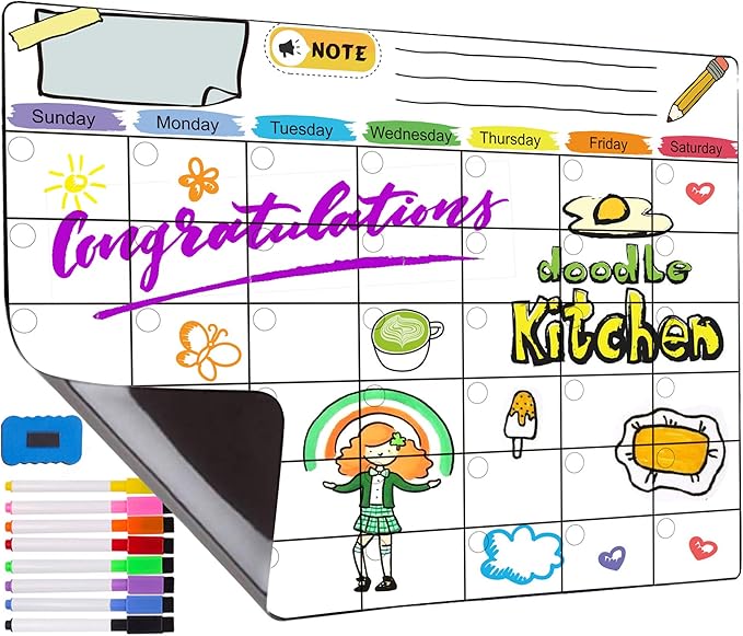 Magnetic Dry Erase 2025 Calendar Kit, 4 Pack Feela Magnetic Whiteboard Calendar for Refrigerator Includes 2 Large 17''x13'' Monthly Chalkboard 1 Grocery List 1 DIY Note for Home Office