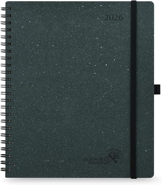 POPRUN 2026 Planner - 2026 Recycled Weekly Planner [Italian Regenrated Leather - Medium Size 8.5'' x 10.5''] - 2026 Weekly Planner with Hourly Schedule, Monthly Tabs-26-WERK7-BGY - Black Grey