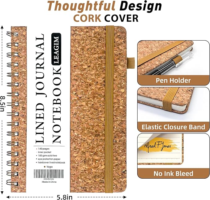 Lined Spiral Journal Notebook for Women & Men, College Ruled Hardcover Notebook for Work & Note Taking, Journals for Writing, Cork Cover, 100 GSM, Business, School, 140 Pages, A5(5.8"x8.5") - Yoga