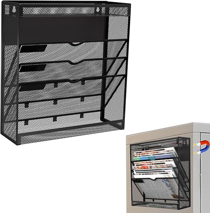 5 Tier Magnetic File Holder, No Drilling Wall File Organizer, Magazine Paper Mail Document Holder/Magnetic Hanging File Organizer for File Cabinets,Whiteboard refrigerator,Office,Classroom(Black)