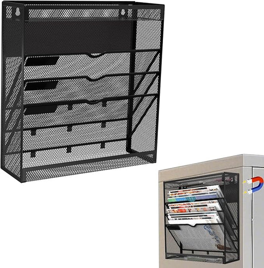 5 Tier Magnetic File Holder, No Drilling Wall File Organizer, Magazine Paper Mail Document Holder/Magnetic Hanging File Organizer for File Cabinets,Whiteboard refrigerator,Office,Classroom(Black)