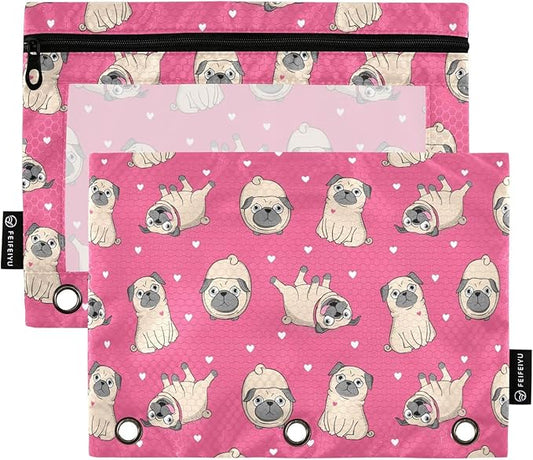 ALAZA Pencil Pouch for 3 Ring Binder, Pug Dog Animal Heart Pink Binder Pencil Pouches with Clear Window Zipper Pencil Case Cosmetic Bags for Office College Supplies, 2PCS