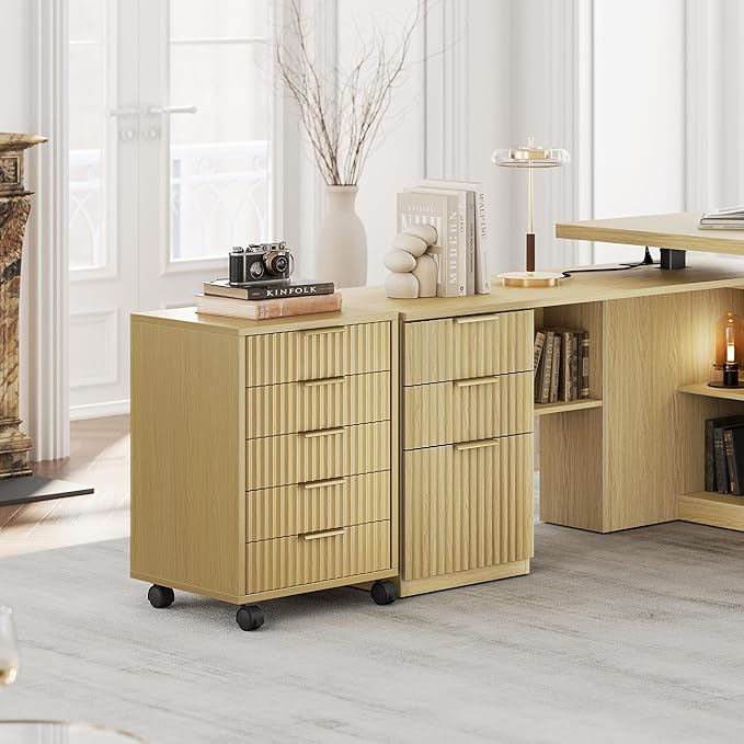 5 Drawer Chest, Under Desk Storage Wood Drawers with Wheels,Fluted File Cabinet for Home Office, Light Walnut