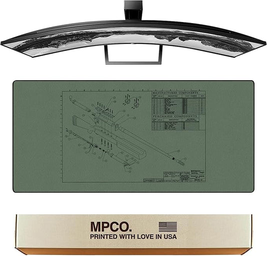 MPCO. Blueprints Large Gaming Desk Pad - 36" x 17" Aeroglyde Fabric Browning 50 Cal – Green Desk Mats - Non-Slip, Washable, Smooth Glide for Precision Gaming & Work