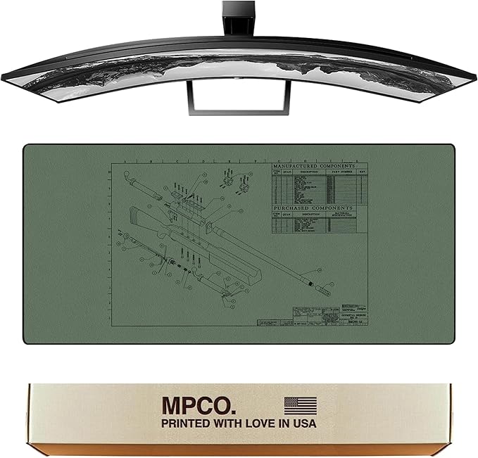 MPCO. Blueprints Large Gaming Desk Pad - 36" x 17" Duraglyde Fabric Browning 50 Cal – Green Desk Mats - Non-Slip, Washable, Smooth Glide for Precision Gaming & Work