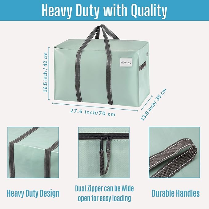 VENO 6 Pack Moving Bags, Heavy Duty, Moving Boxes Alternative, Packing Storage Supplies for Dorm Room Essentials with Zipper for Clothes, Extra Large Totes for Packaging (Shiny Light Green, 6 Pack)