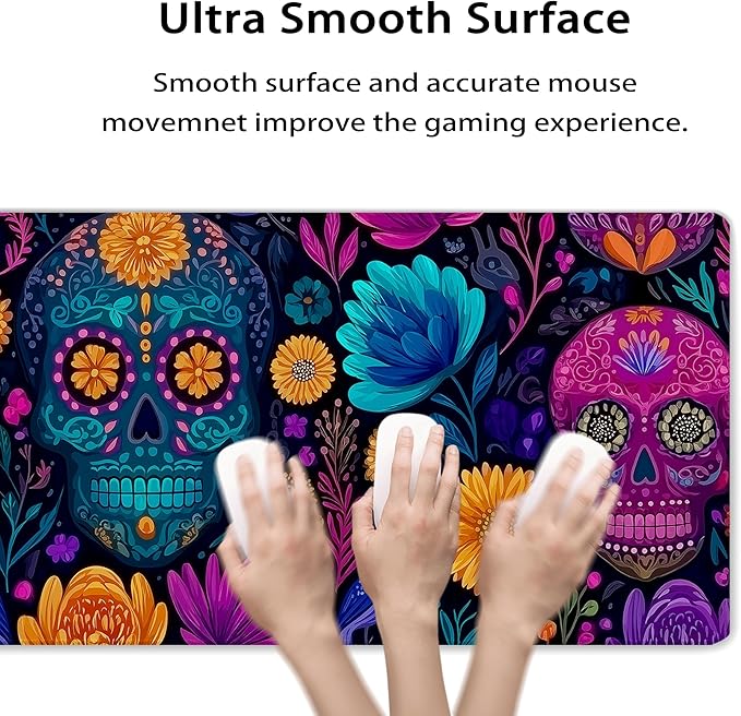 31.5”x11.8”Large Gaming Mouse Pad for Desk, Mouse Mat with Seamed Edges, Waterproof Desk Pad, Non-Slip Rubber Base, Keyboard Pad Computer Mat, Big XL Mousepad-Skull Flower