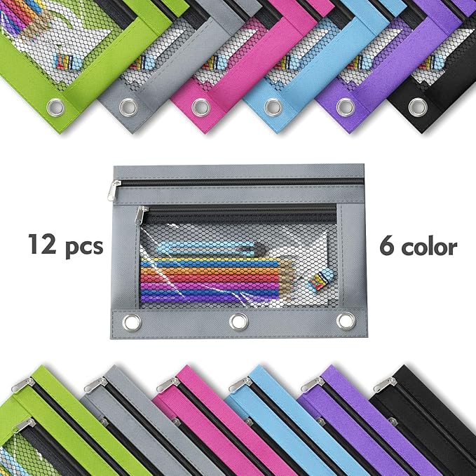 DoDoMagxanadu Binder Pencil Pouches, Pencil Pouch for 3 Ring Binder, Double Pocket Clear Window Pencil Case for Binder, Zippered Pencil Pouches with Rivet Enforced 3 Ring, 6 Pack