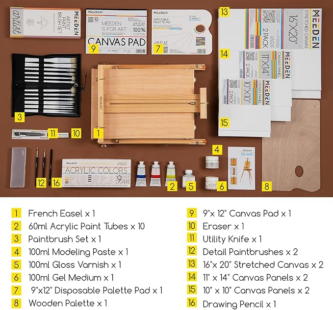MEEDEN Art Set with French Easel for Professional Artist,Supplies Acrylic Painting(10-60ML) Kit with Paintbrushes for Adults,Pre Painter and Canvas Drawing Starter-Prime Art Series