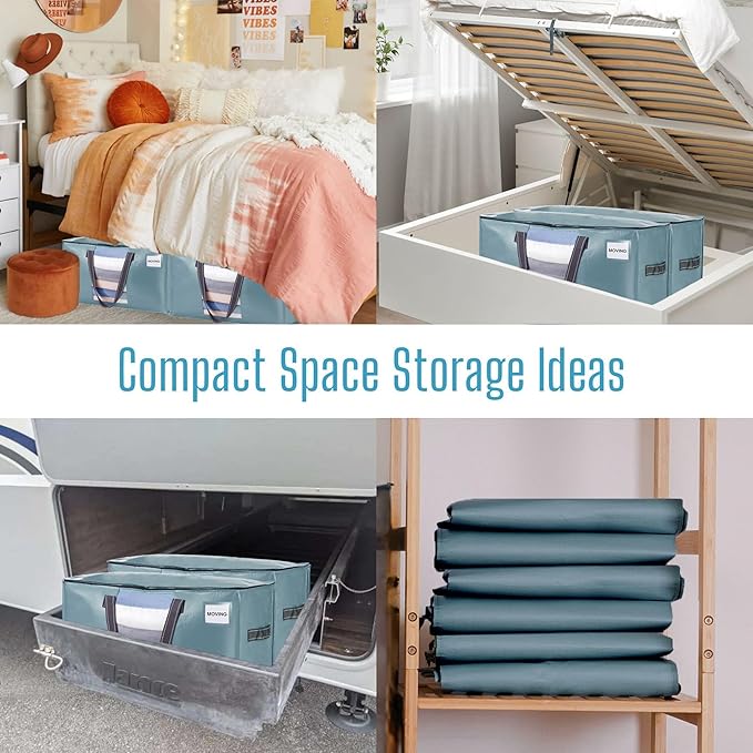 VENO 6 Pack Moving Bags, Comforter and Blanket Storage Bags for Closet, Moving Boxes, Boxes with Lids Alternative, College Dorm Packing Supplies, Foldable Heavy-Duty Tote (Shiny Light Blue, 6 Pack)