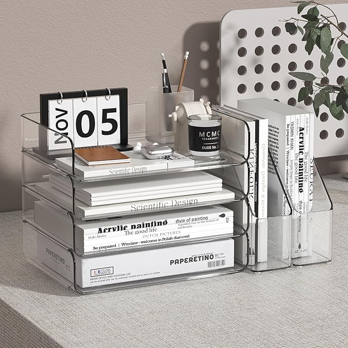 4-Tier Clear Acrylic Paper Tray Organizer for Desk with 2 Matching Bookends – Stackable Letter Tray Set, Stackable Paper Trays, Acrylic Desk Accessories/File Organizer, Office Organizer