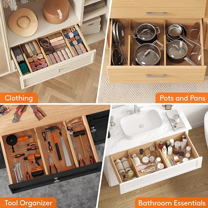 Lifewit 4 Pack Drawer Dividers Bamboo 6" High, 11-17" Adjustable Drawer Organizers for Clothes, Expandable Dresser Separators in Bedroom/Bathroom/Kitchen/Fridge/Office Organization and Storage