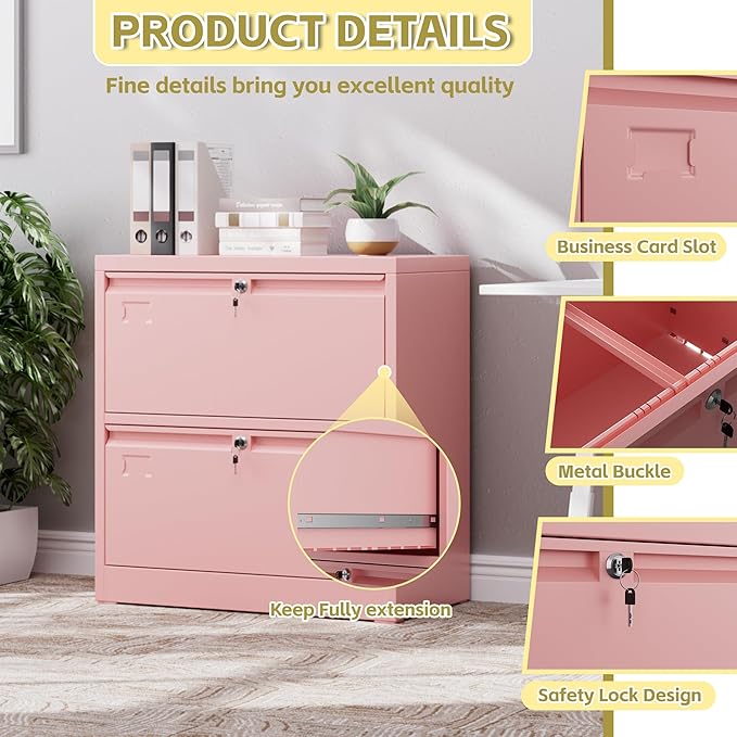METAN Upgrade Metal 2 Drawer Lateral Files Cabinet for Home Office, Lockable Steel Wide File Storage Cabinet for Hanging Legal/Letter A4 Size, Assembly Required,Pink