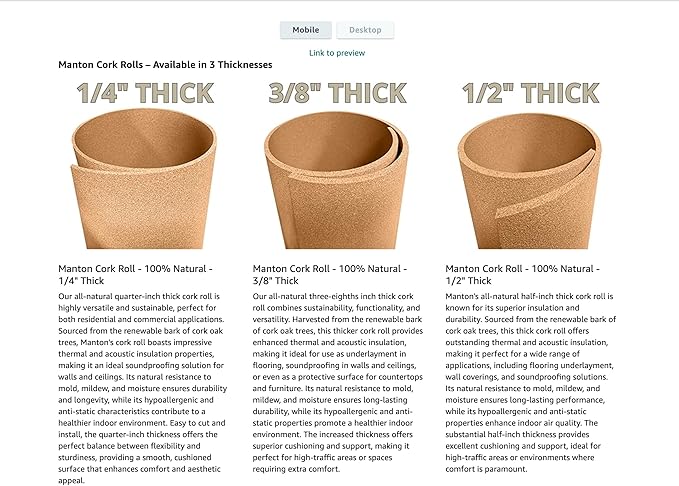 Manton Cork Premium Cork Roll - 4' x 5' x 1/4", 100% Natural Facing Grade Material for Bulletin Boards, Decorative Photo and Message Push Pin Displays - Perfect for Home, School, and Office