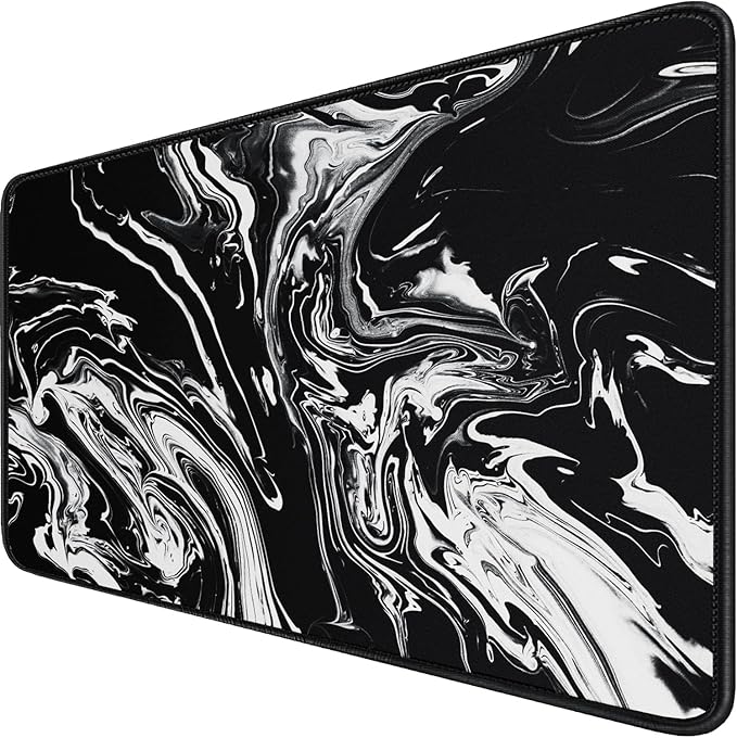 Large Extended Gaming Mouse Pad with Stitched Edges, Durable Non-Slip Natural Rubber Base, Waterproof Computer Keyboard Pad Mat for Esports Pros/Gamer/Desktop/Office/Home - Black White