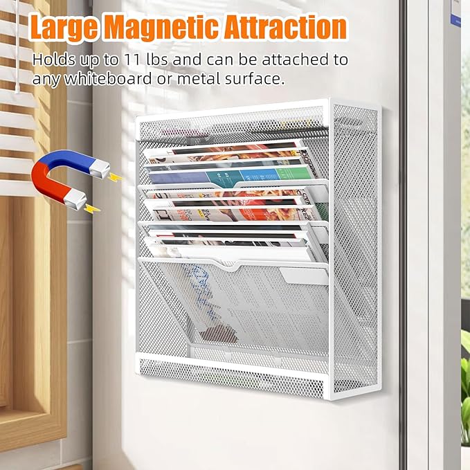 5 Tier Magnetic File Holder, No Drilling Wall File Organizer, Magazine Paper Mail Document Holder/Magnetic Hanging File Organizer for File Cabinets,Whiteboard refrigerator,Office,Classroom (White)
