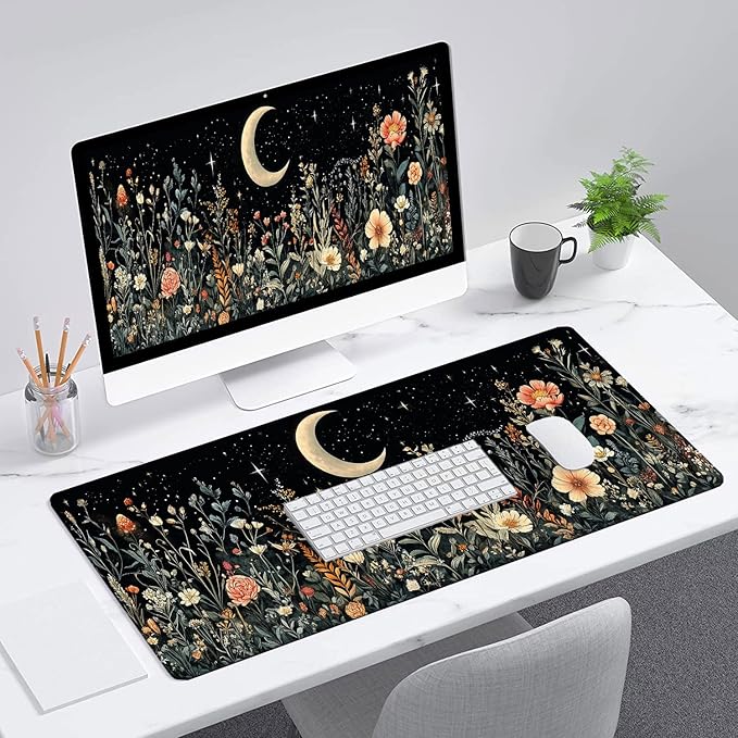 Cute Mystical Plants Desk Pad Whimsical Moon Stars Extended Gaming Mouse Mat with Stitched Edge Non-Slip Base - Big Office Computer Keyboard Laptop Home - 31.5"x11.8"