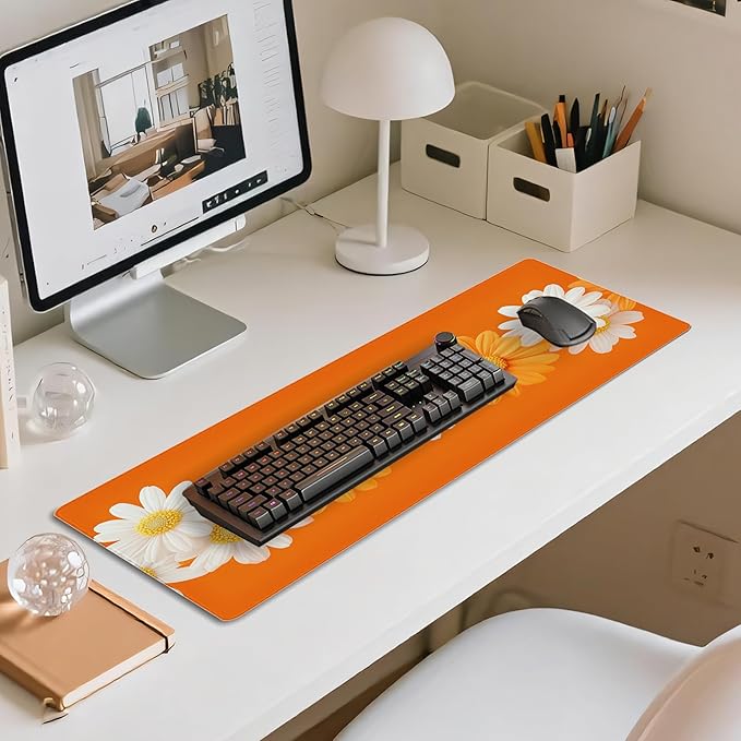 31.5”x11.8”Large Gaming Mouse Pad for Desk, Mouse Mat with Seamed Edges, Waterproof Desk Pad, Non-Slip Rubber Base, Keyboard Pad Computer Mat, Big XL Mousepad-Daisy on Orange
