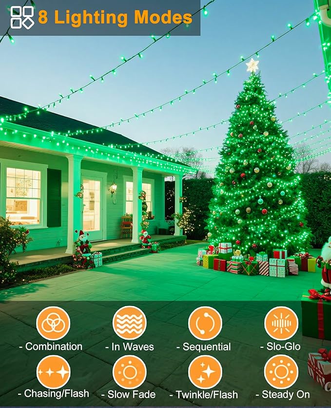 Green Christmas Lights Outdoor, 80FT 240 LED Christmas Tree Lights Waterproof Plug in, 8 Modes Connectable Christmas Decorations Indoor Green Wire for Patio Garden Xmas Party Holiday