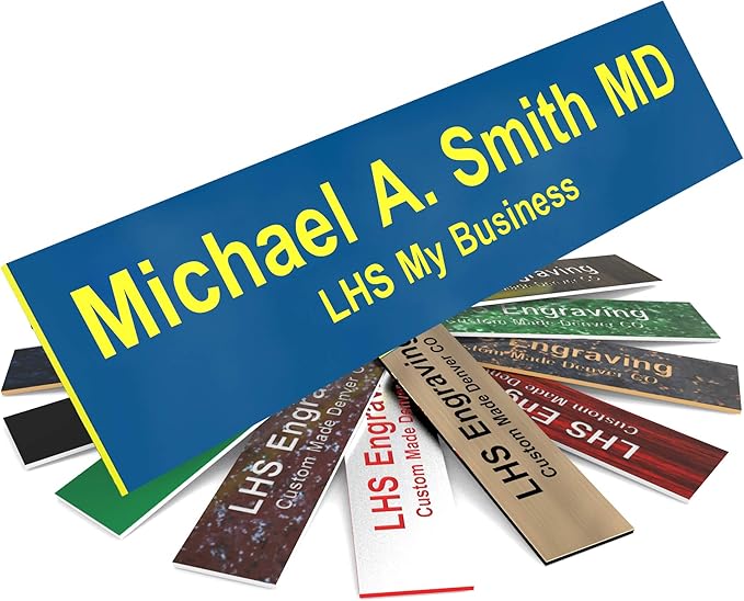 Engraved Door Signs for Office Personalized Blue Plastic Door Plaque with Yellow Letters - Made in USA 2x10 B20