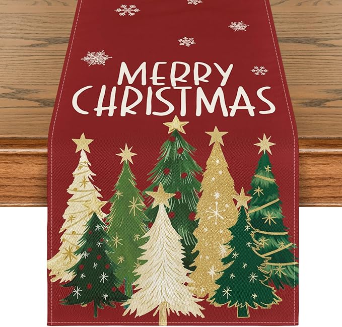 Artoid Mode Xmas Trees Snowflakes Red 210 GSM Merry Christmas Table Runner, Winter Kitchen Dining Table Decoration for Home Party Decor 13x90 Inch