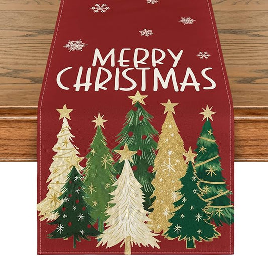 Artoid Mode Xmas Trees Snowflakes Red 210 GSM Merry Christmas Table Runner, Winter Kitchen Dining Table Decoration for Home Party Decor 13x36 Inch