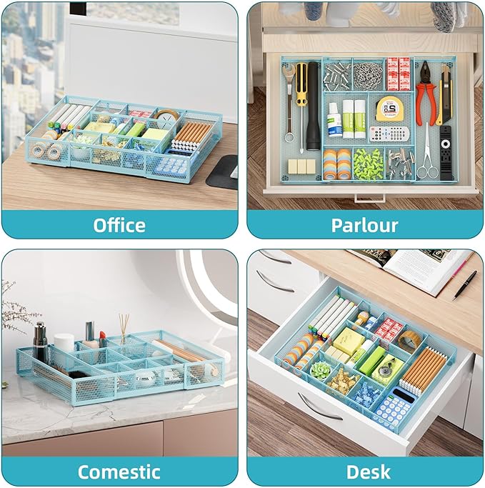 Marbrasse Expandable Desk Drawer Organizer, Mesh Drawer Organizer Tray with 10 Adjustable Compartments, Desk Organizers and Accessories for Office Supplies, Makeup & Vanity (Expandable-Blue)