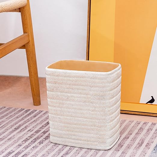 Polytree Bathroom Trash Can 1.8 Gallon Small Kitchen Garbage Can,Decor Wastebasket for Bedroom Office,Resin Hand-Carved Bamboo Wicker,Farmhouse White